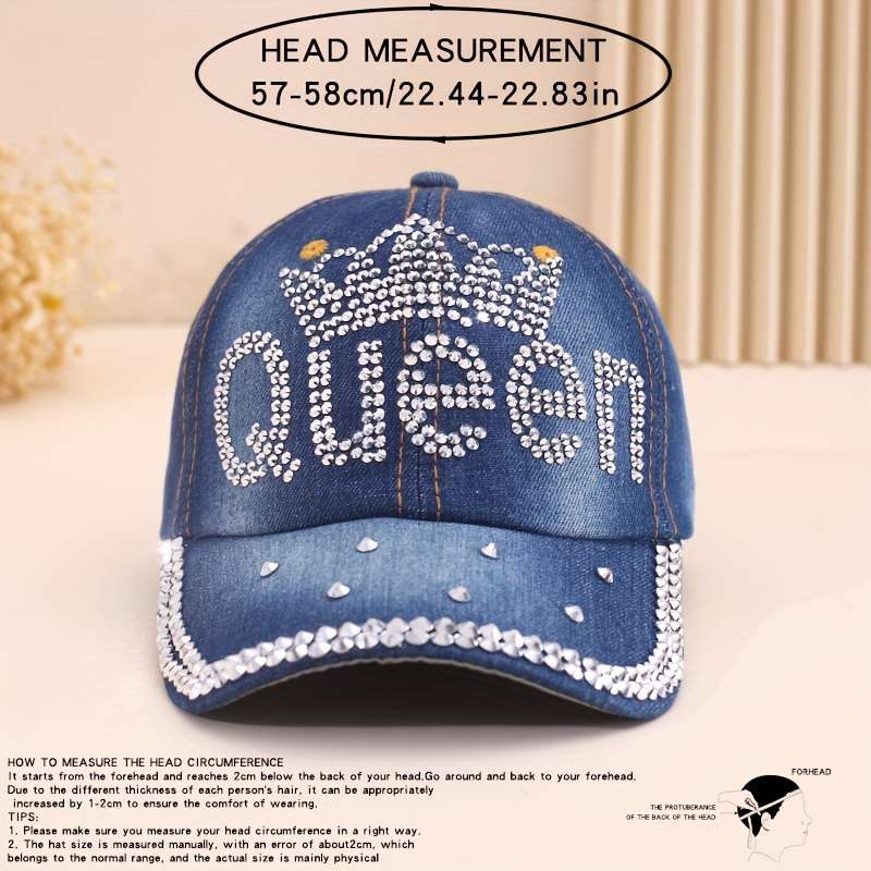 1pc Adjustable Women's Denim Baseball Cap with Sparkling QUEEN Rhinestone Crown Design Lightwei