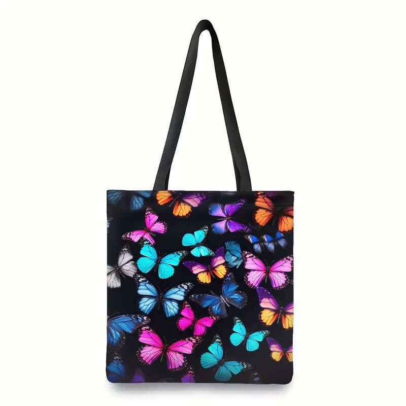 1pc Chic Butterfly Print Canvas Tote Bag Large Capacity Durable Washable Shoulder Bag for Women Perf