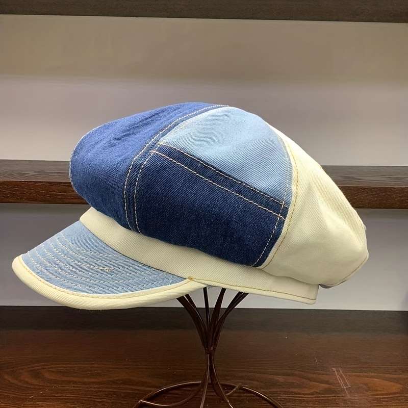 1pc Blue Denim Patchwork Newsboy Hat Classic 8 Panels Newsboy Cap Cabbie Hats Unisex Octagonal Cap