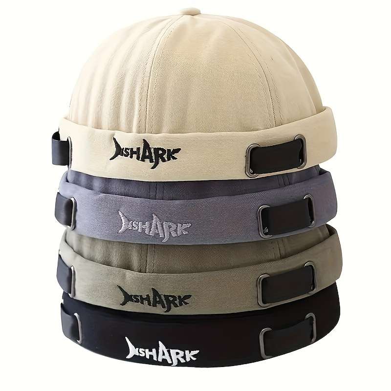 1pc SHARK Embroidered Docker Cap Adjustable Washable Summer Hat in Black Beige Dark Blue with