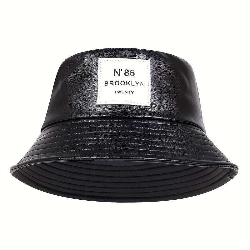1pc Solid Color Basin PU Leather Hat PU Leather Trendy Bucket Hat Classic Label Patch Solid Color