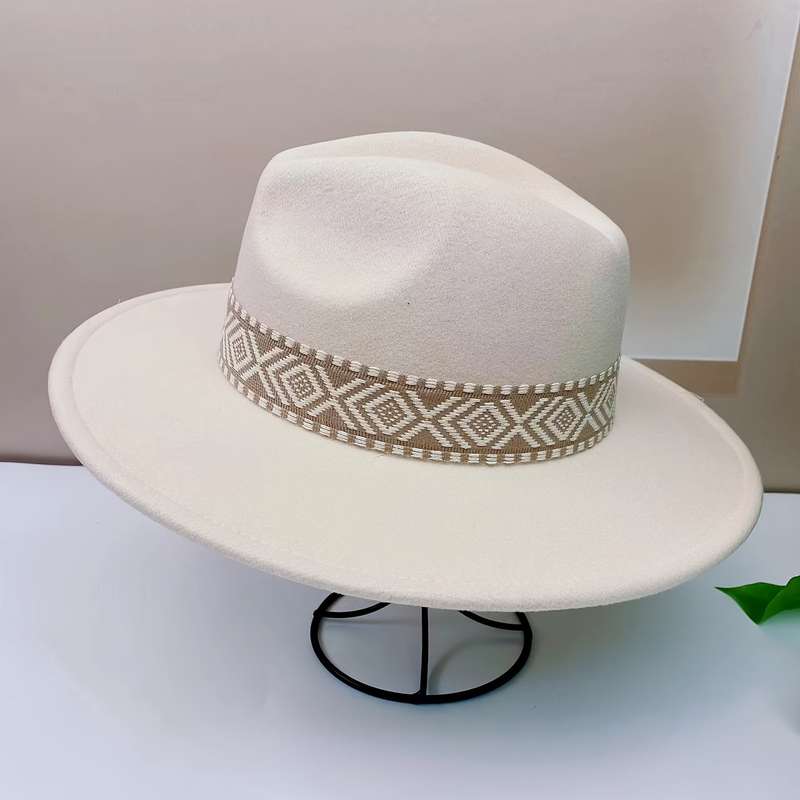 1pc Adjustable Flat Brim Fedora Hat with Geometric Pattern Band Chic Beige Fleece-Blend Ideal fo
