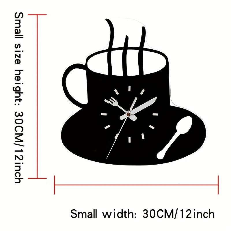 1pc 3D Coffee Cup Wall Clock Modern Silent Acrylic Design Frameless Kitchen Decor Black White