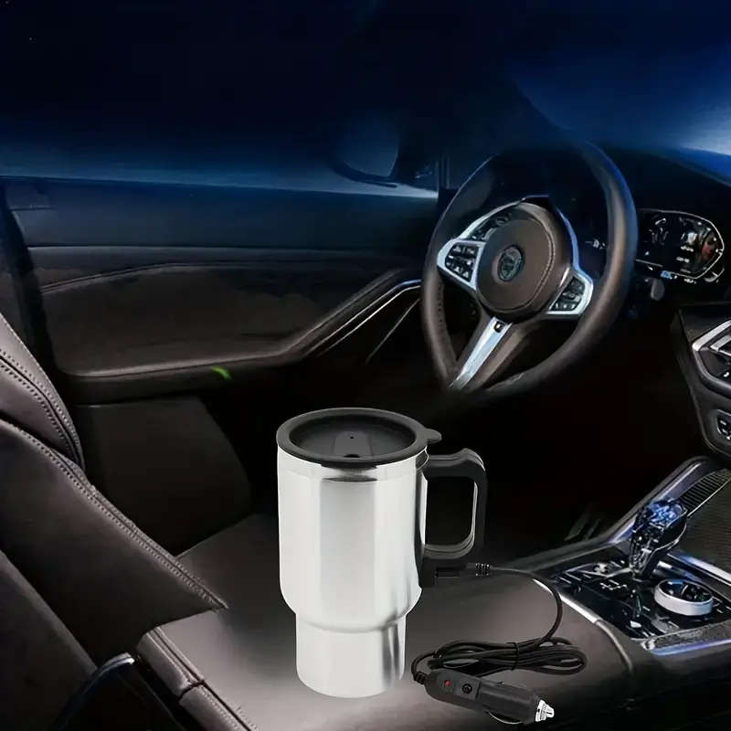 1pc Durable Stainless Steel Car Electric Heating Cup with Black Handle and Lid 12V/24V