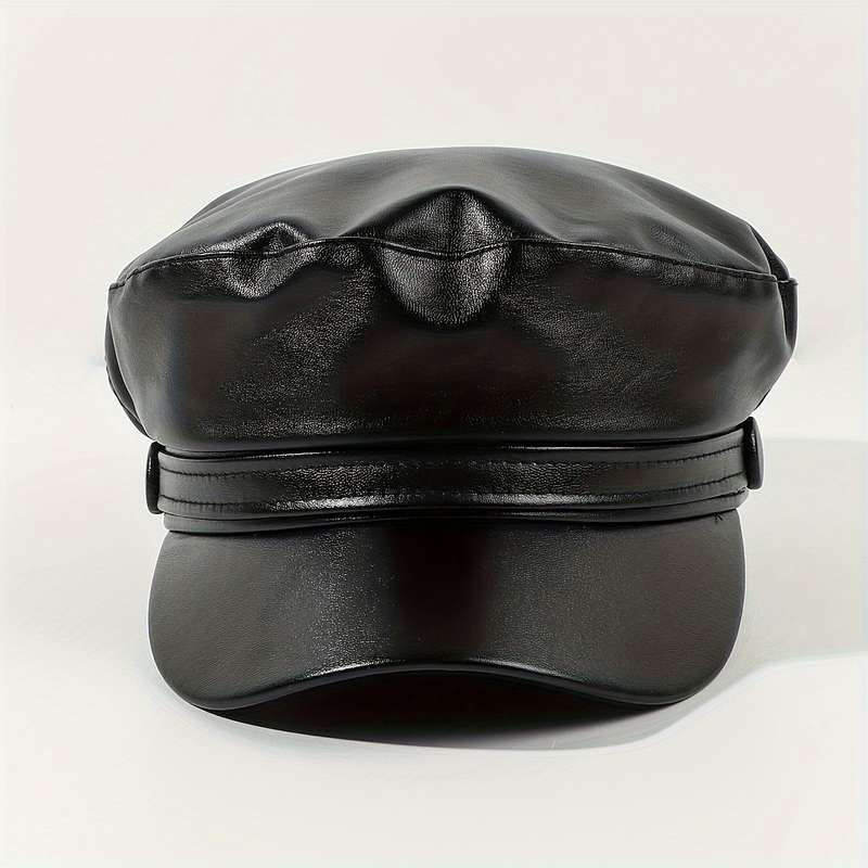 1pc PU Leather Flat Top Beret Hat Adjustable Military Navy Hat British Style Elegant Painter Hat