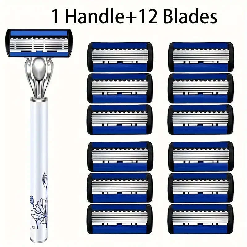 Premium 6-Layer Razor Blades with Metal Stand - Stainless Steel, Replaceable Heads for Smooth Beard