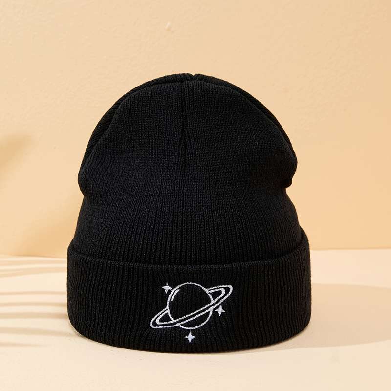 1pc Men's Planet Three Stars Embroidered Knitted Hat without Brim Suitable for Autumn and Winte