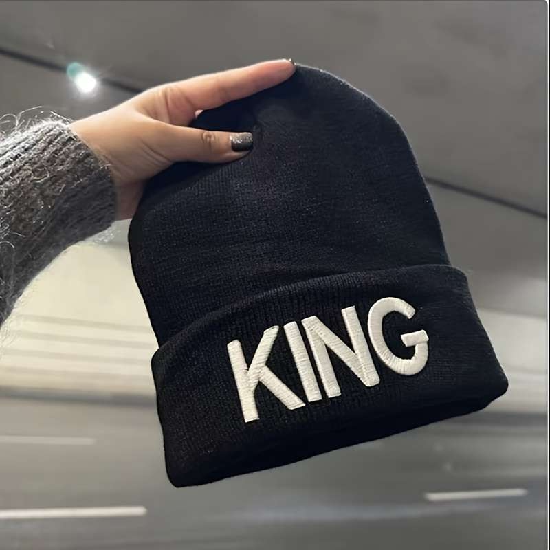 1pc 1pcMS Show Men's Fashion Knitted Hat KING&QUEEN Embroidered Hat Ideal choice for Gifts