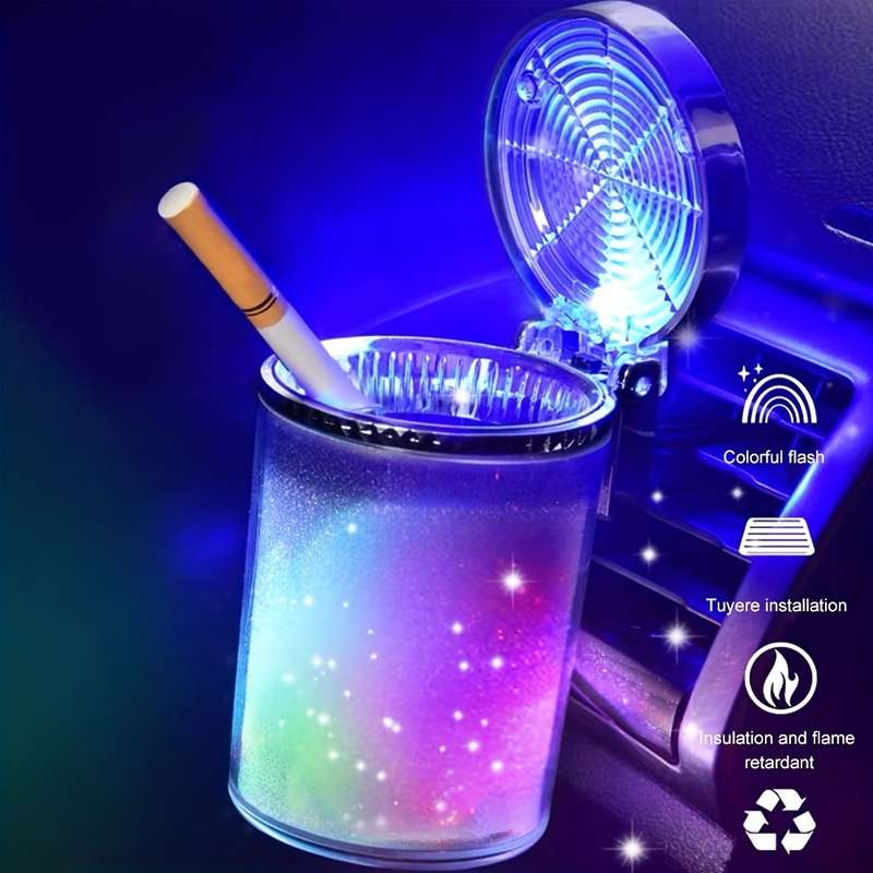 1pc Small Car Caravan Auto Ashtray With LED Light Mini Car Trash Can Portable Lid For Car Cup