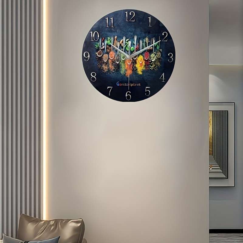 1pc Constantplanet 12-Inch Luxury Tempered Glass Wall Clock with Vibrant Condiment Design Silent