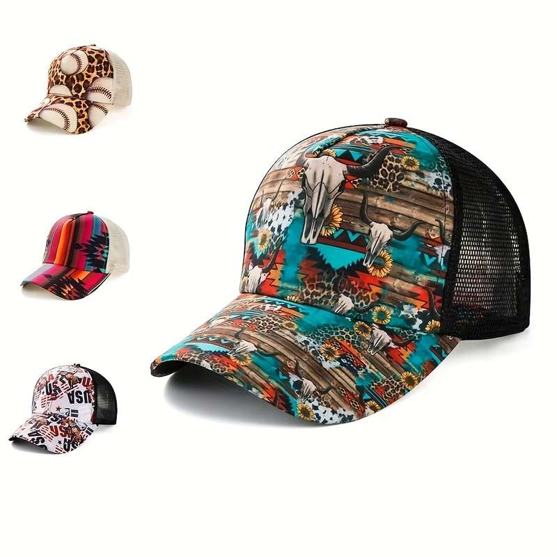 1pc Stylish Bull Head Floral Print Baseball Cap with Ponytail Hole Breathable Mesh Back Adjust