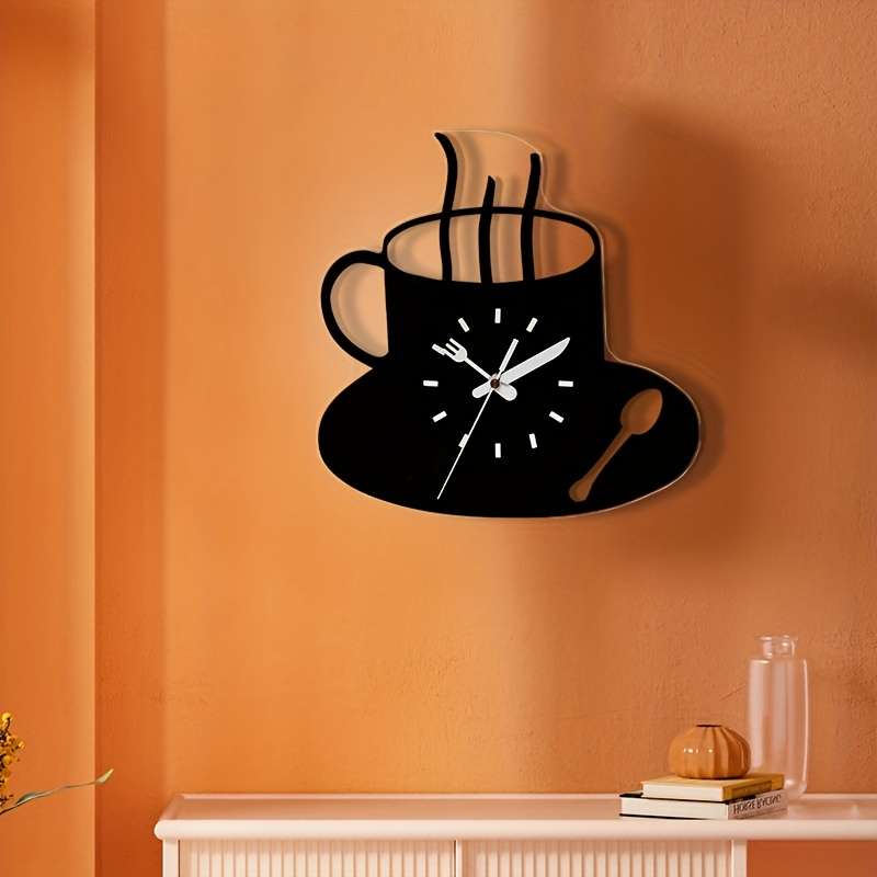 1pc 3D Coffee Cup Wall Clock Modern Silent Acrylic Design Frameless Kitchen Decor Black White