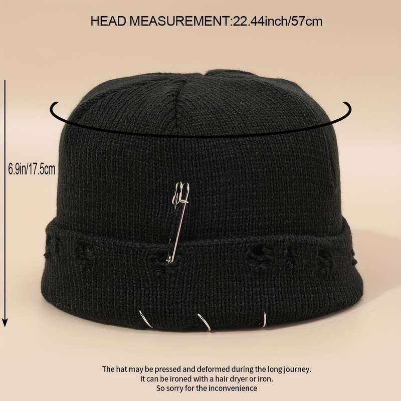 1pc Warm Cuffed Beanie Fisherman Hats Unisex Hip Hop Fisherman Beanie Trendy Ripped Pin Brooch Kn