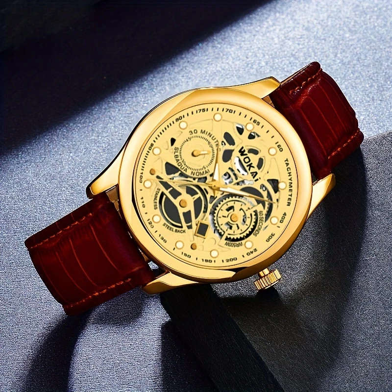 1pc Fashionable Golden Gear Belt Watch Color sent randomly