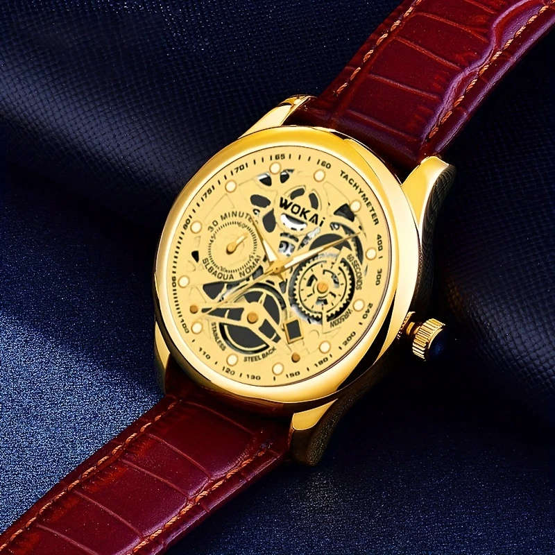 1pc Fashionable Golden Gear Belt Watch Color sent randomly