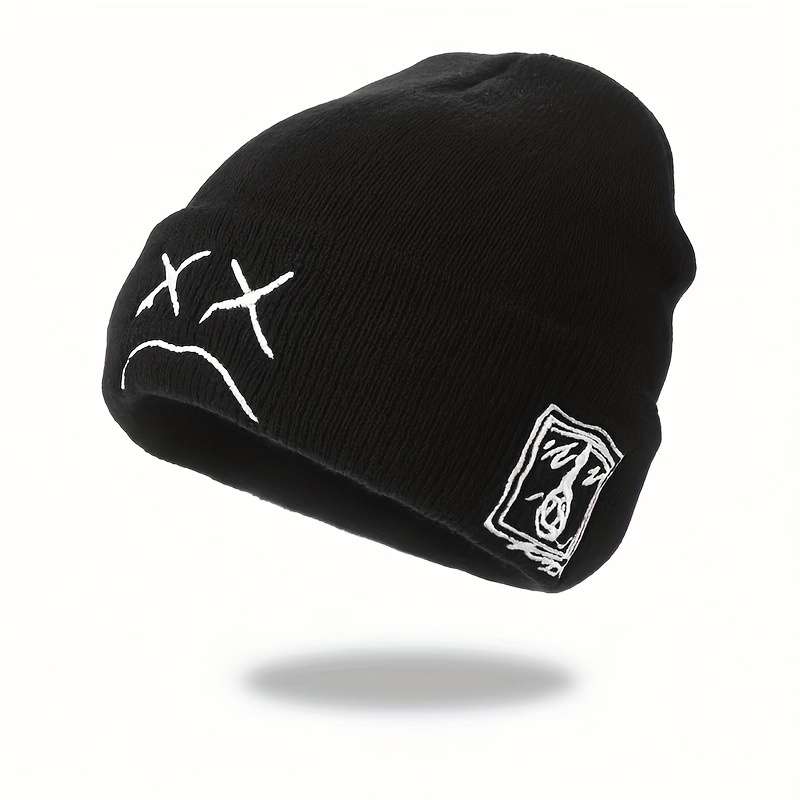1pc Sad Face Embroidery Graphic Beanie Trendy Black White Knit Hats Casual Skull Cap Hip Hop Cuff