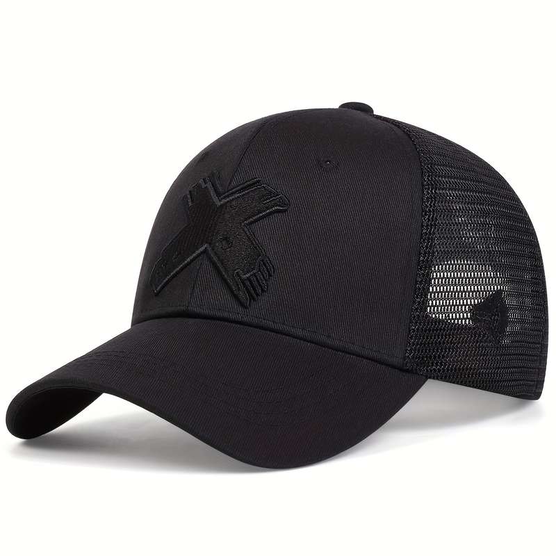 1pc Adjustable Women's Black Trucker Hat with Red Geometric Embroidery Breathable Mesh Back Sun-