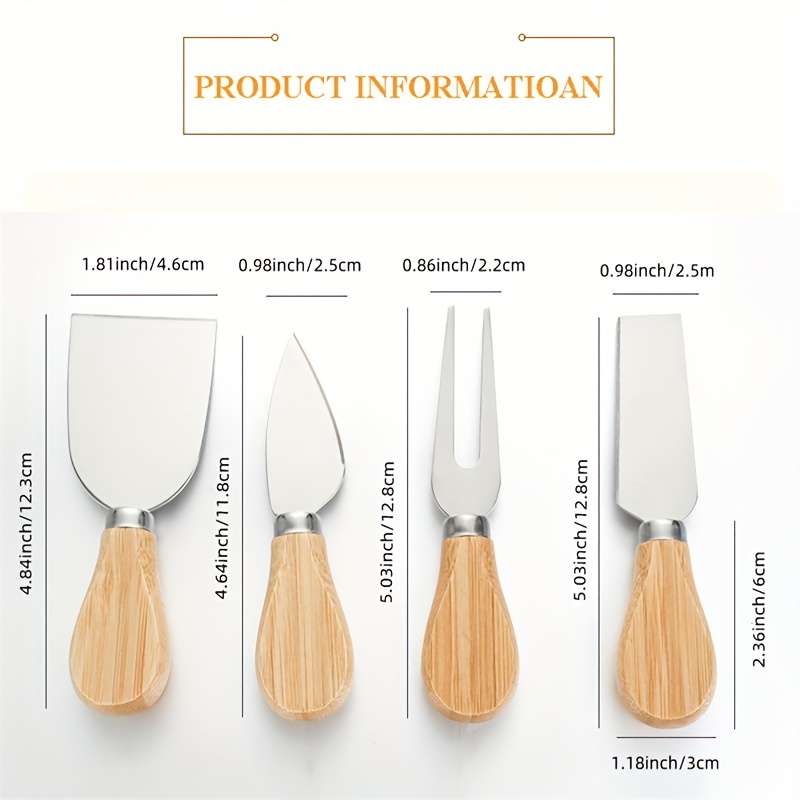 4-Piece Oak Cheese Knife Set Stainless Steel Western Food Kitchen Knives for Cooking Baking