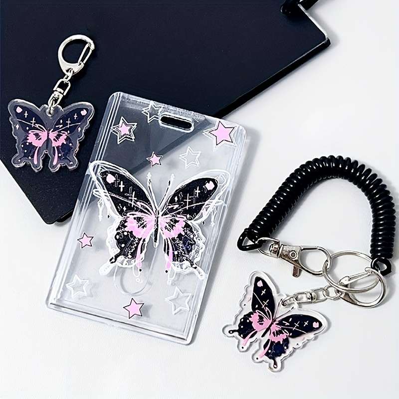 1pc Y2K-Inspired Butterfly Design Transparent ID Card Holder with Keychain Durable Plastic Anti-