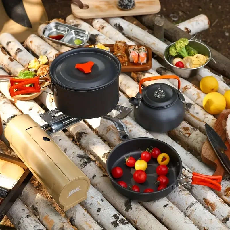 Outdoor Portable 2-3 Person Camping Pot Set Picnic Cookware Non Stick Pot Teapot And Tableware