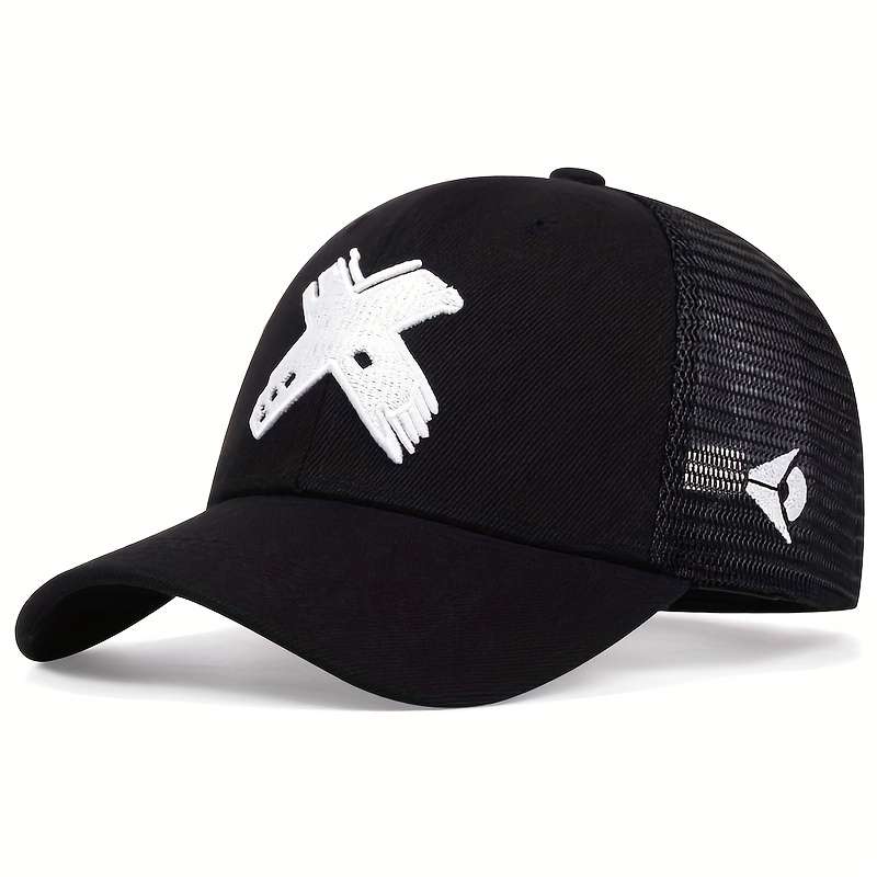 1pc Adjustable Women's Black Trucker Hat with Red Geometric Embroidery Breathable Mesh Back Sun-