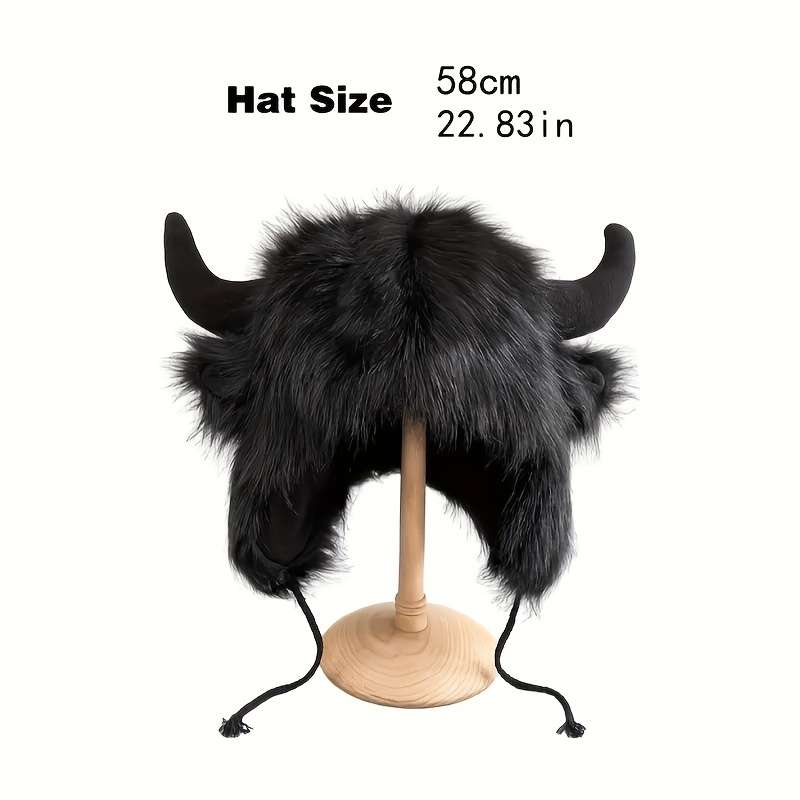 1pc Classic Fluffy Cow Hat With Horns Solid Color Ear Flap Hat Winter Warm Plush Hats Thick Coldpro