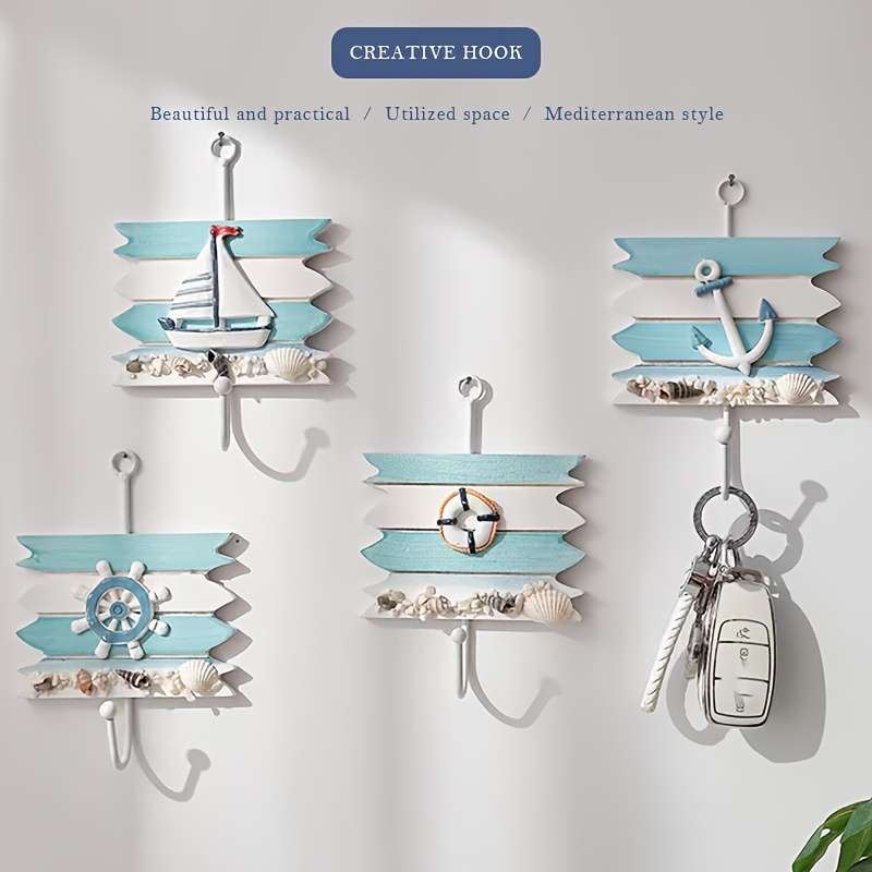 1pc Nautical Wooden Key HookWall Mounted Storage Organizer with Easy InstallMulti-functional H