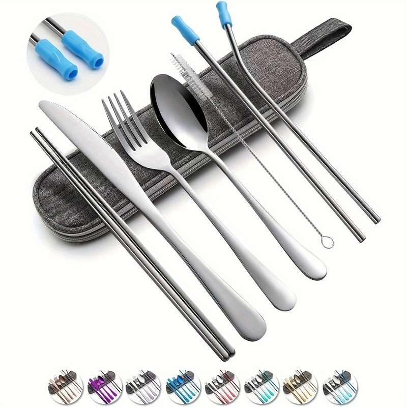 8pcs including Knife Fork Spoon Chopsticks Cleaning Brush Straws Portable Case Stainless Steel