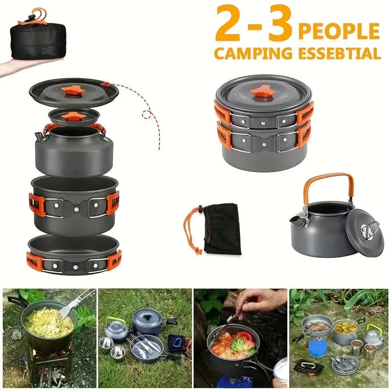 Outdoor Portable 2-3 Person Camping Pot Set Picnic Cookware Non Stick Pot Teapot And Tableware