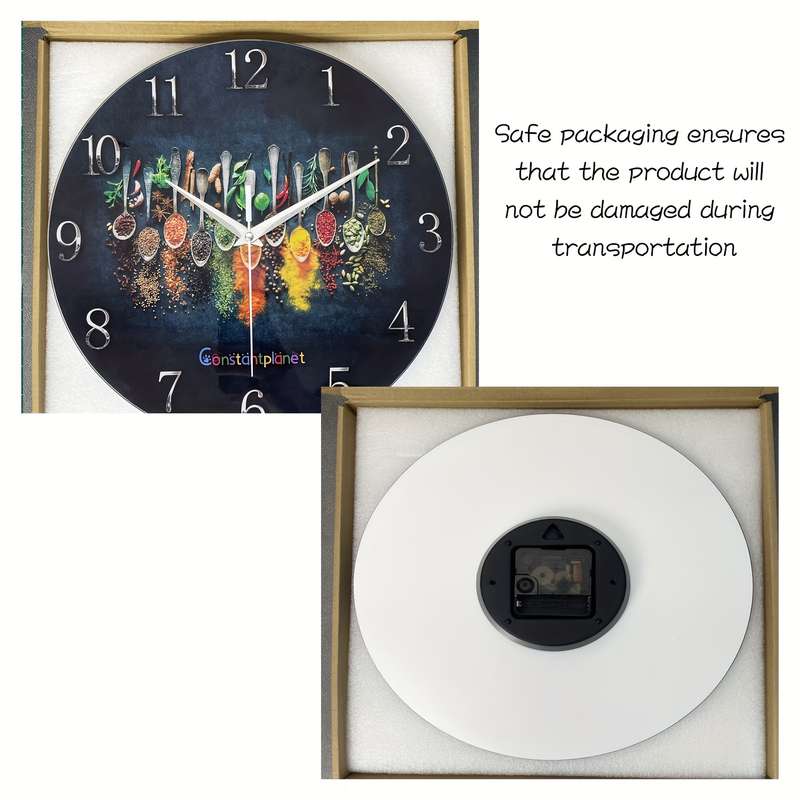 1pc Constantplanet 12-Inch Luxury Tempered Glass Wall Clock with Vibrant Condiment Design Silent