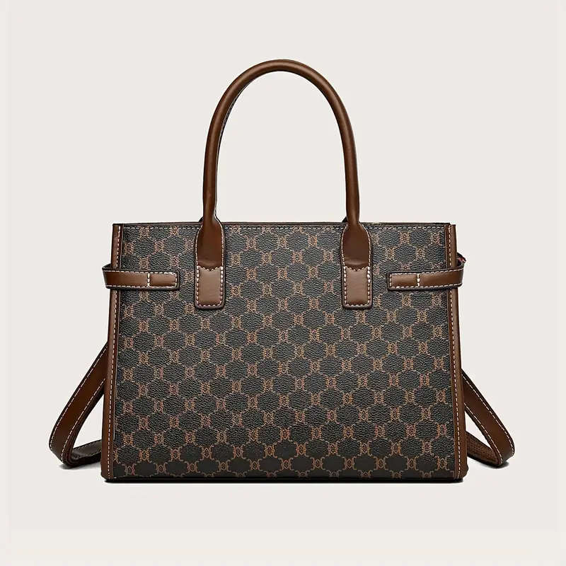 3 Pcs Classic Elegant Bag Set Retro Geometric Pattern Tote Bag With Scarf Decor Buckle Decor Square