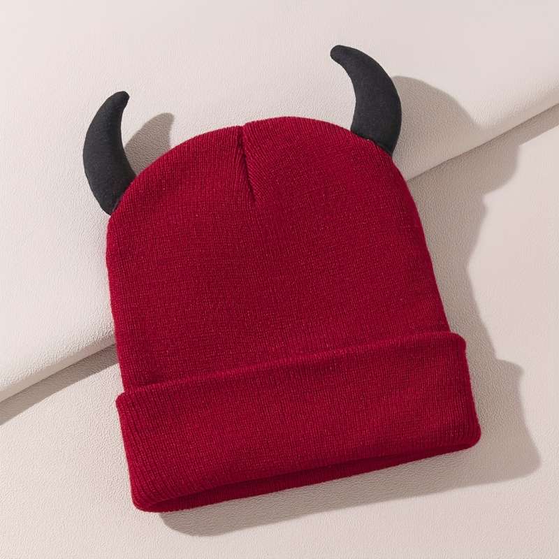 1pc Playful Design Trendy Knit Beanie with Cute Horns Soft Acrylic Elastic Fit Lightweight W