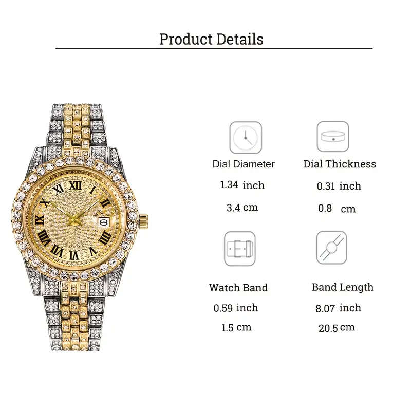 Vintage Rhinestone Inlaid Roman Numeral Dial Quartz Watch