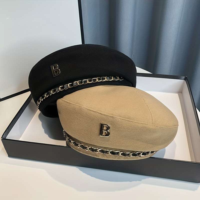 1pc Elegant Chain Decor Beret Lightweight British Style Painter Cap Vintage Berets Newsboy Hat