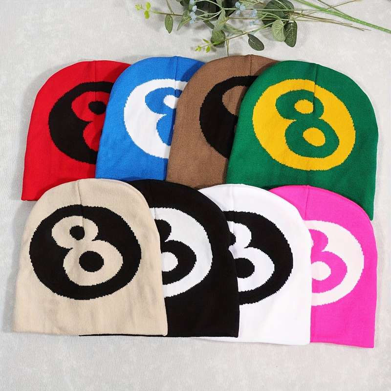 1pc Unisex Knitted Beanie Hat Billiard Black 8 Ball Design Warm Autumn Winter Outdoor Streetwear