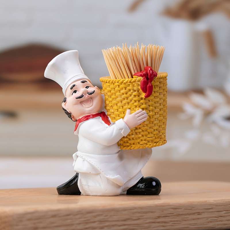 1pc Charming Chef Figurine Toothpick Holder Resin Crafted with Bamboo Basket Red Yellow Accent