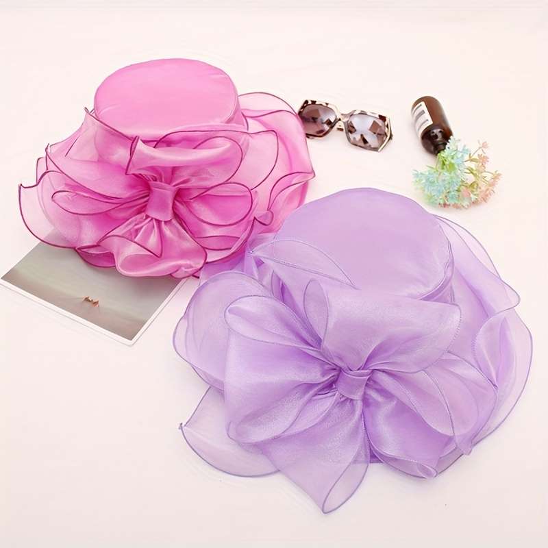 1pc Vintage Organza Sun Hat Solid Color Mesh Flower Decor Derby Hat Foldable Lightweight Travel Bea