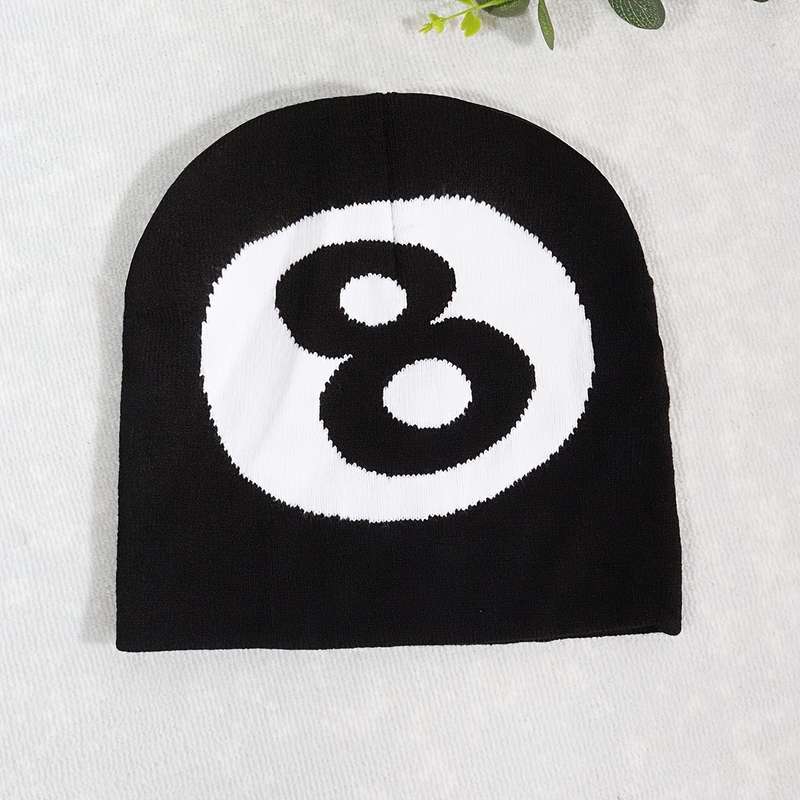 1pc Unisex Knitted Beanie Hat Billiard Black 8 Ball Design Warm Autumn Winter Outdoor Streetwear