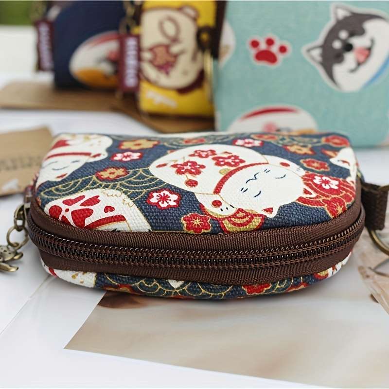 1pc Japanese Style Coin Purse Zipper Around Storage Bag Mini Wallet with Keychain