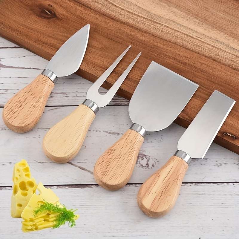 4-Piece Oak Cheese Knife Set Stainless Steel Western Food Kitchen Knives for Cooking Baking