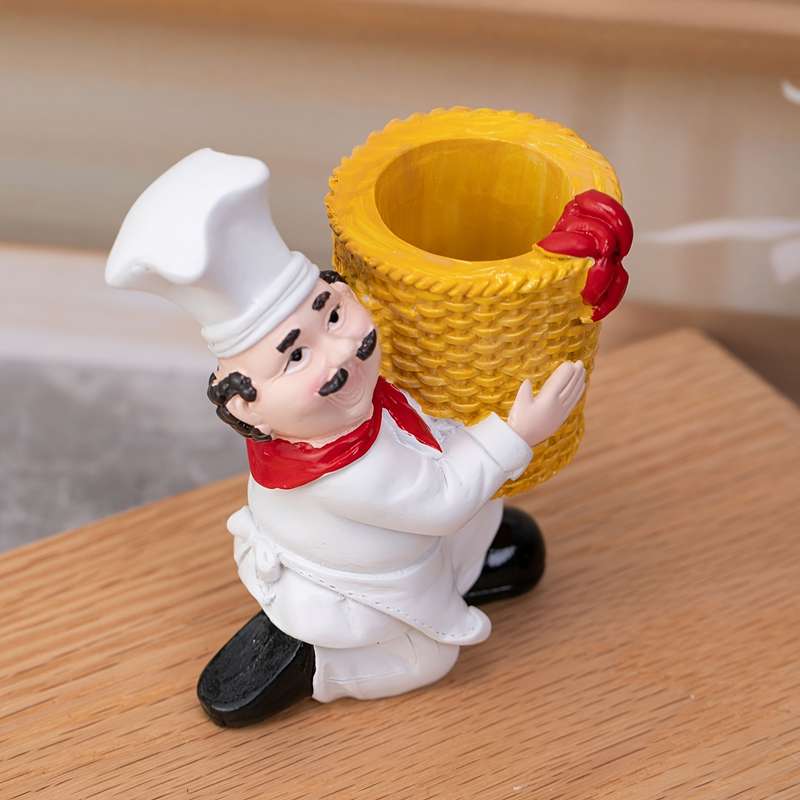 1pc Charming Chef Figurine Toothpick Holder Resin Crafted with Bamboo Basket Red Yellow Accent