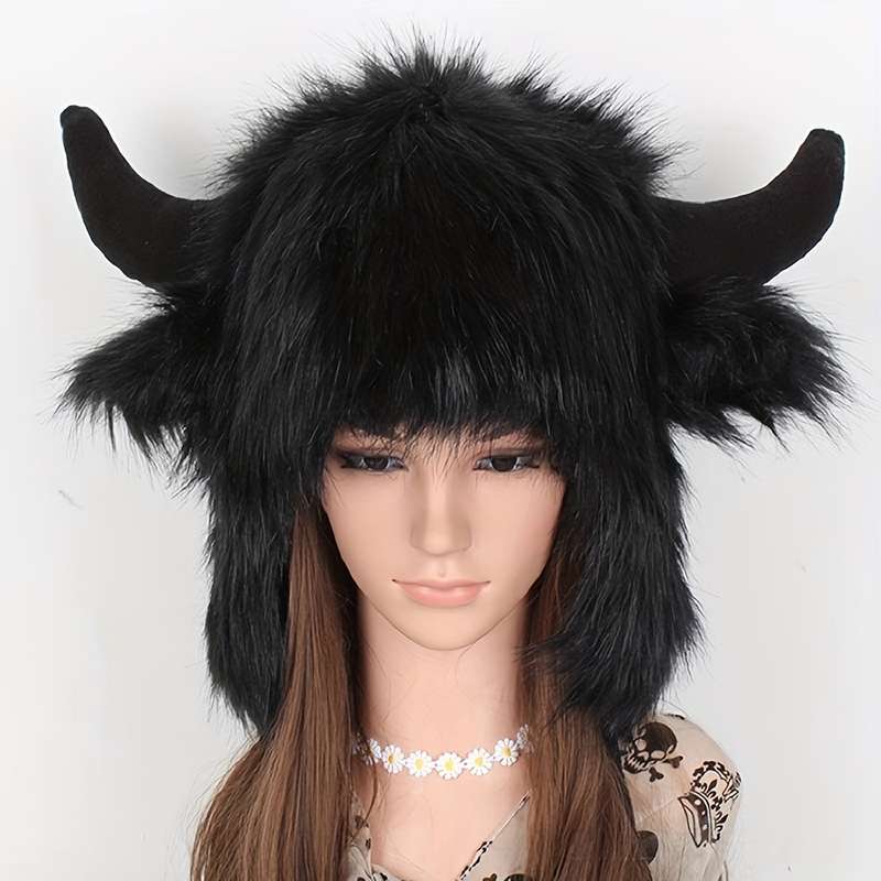 1pc Classic Fluffy Cow Hat With Horns Solid Color Ear Flap Hat Winter Warm Plush Hats Thick Coldpro