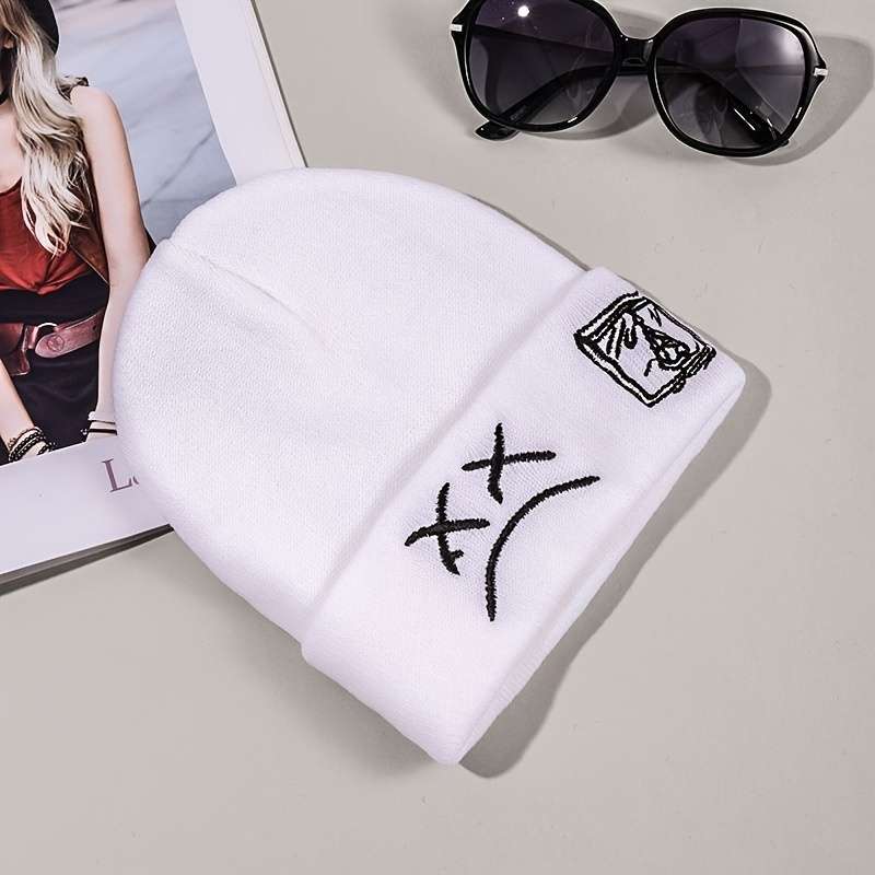 1pc Sad Face Embroidery Graphic Beanie Trendy Black White Knit Hats Casual Skull Cap Hip Hop Cuff