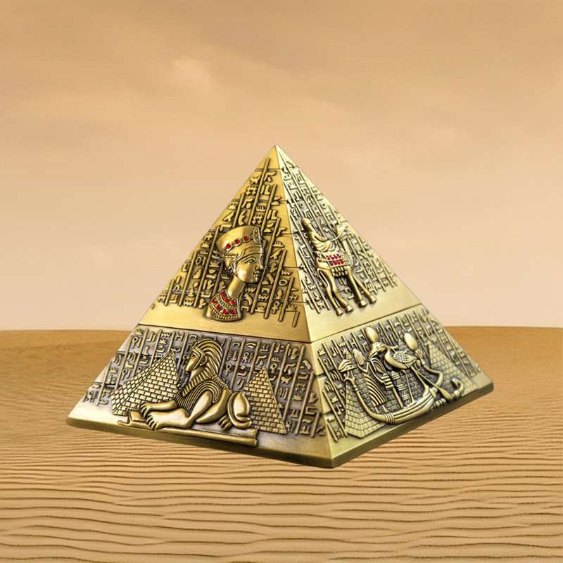 1pc Vintage Egyptian Pharaoh Metal Pyramid Ashtray Triangular Hieroglyphic Design with Lion