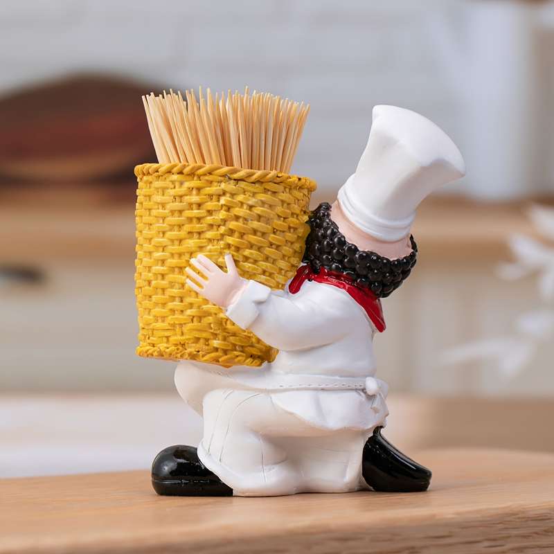 1pc Charming Chef Figurine Toothpick Holder Resin Crafted with Bamboo Basket Red Yellow Accent
