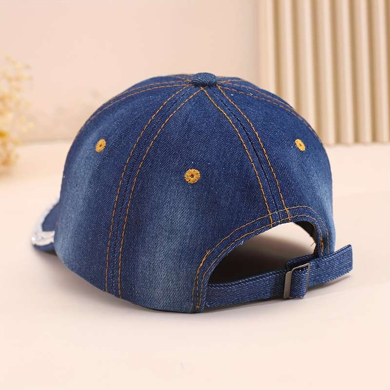 1pc Adjustable Women's Denim Baseball Cap with Sparkling QUEEN Rhinestone Crown Design Lightwei