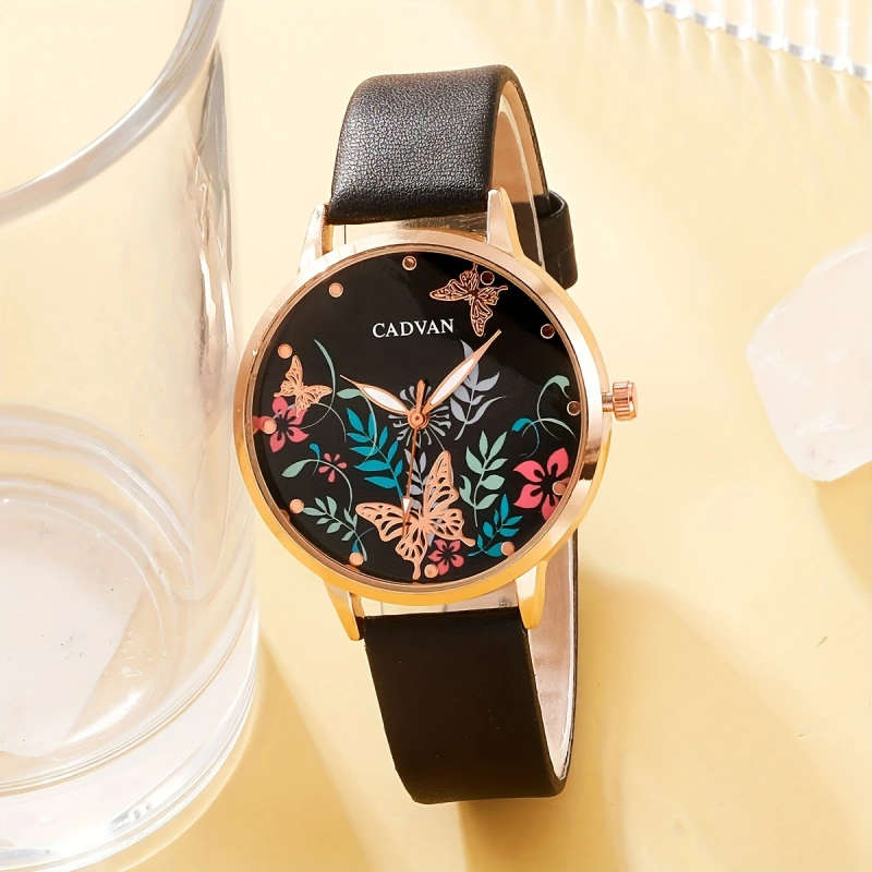 1pc Women's Elegant Butterfly Quartz Watch Rose Golden Case Black Synthetic Leather Strap Colorful F