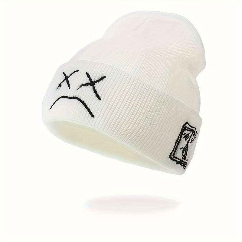 1pc Sad Face Embroidery Graphic Beanie Trendy Black White Knit Hats Casual Skull Cap Hip Hop Cuff