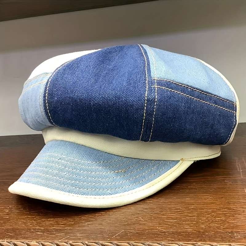 1pc Blue Denim Patchwork Newsboy Hat Classic 8 Panels Newsboy Cap Cabbie Hats Unisex Octagonal Cap