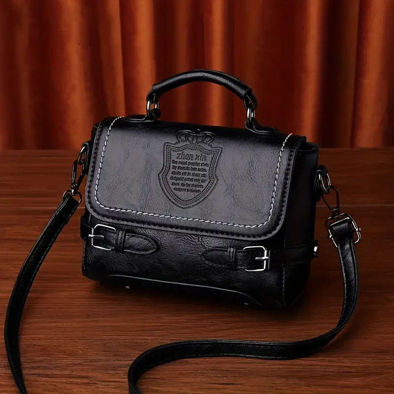 1pc Vintage PU Leather Handbag with Letter Badge Embossment Solid Color Crossbody Satchel Purse